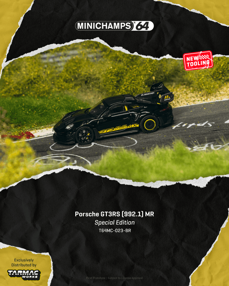 Laad de afbeelding in de Gallery-viewer, PORSCHE GT3RS 992-1 ZWART/GEEL 2026 TARMAC WORKS 1:64
