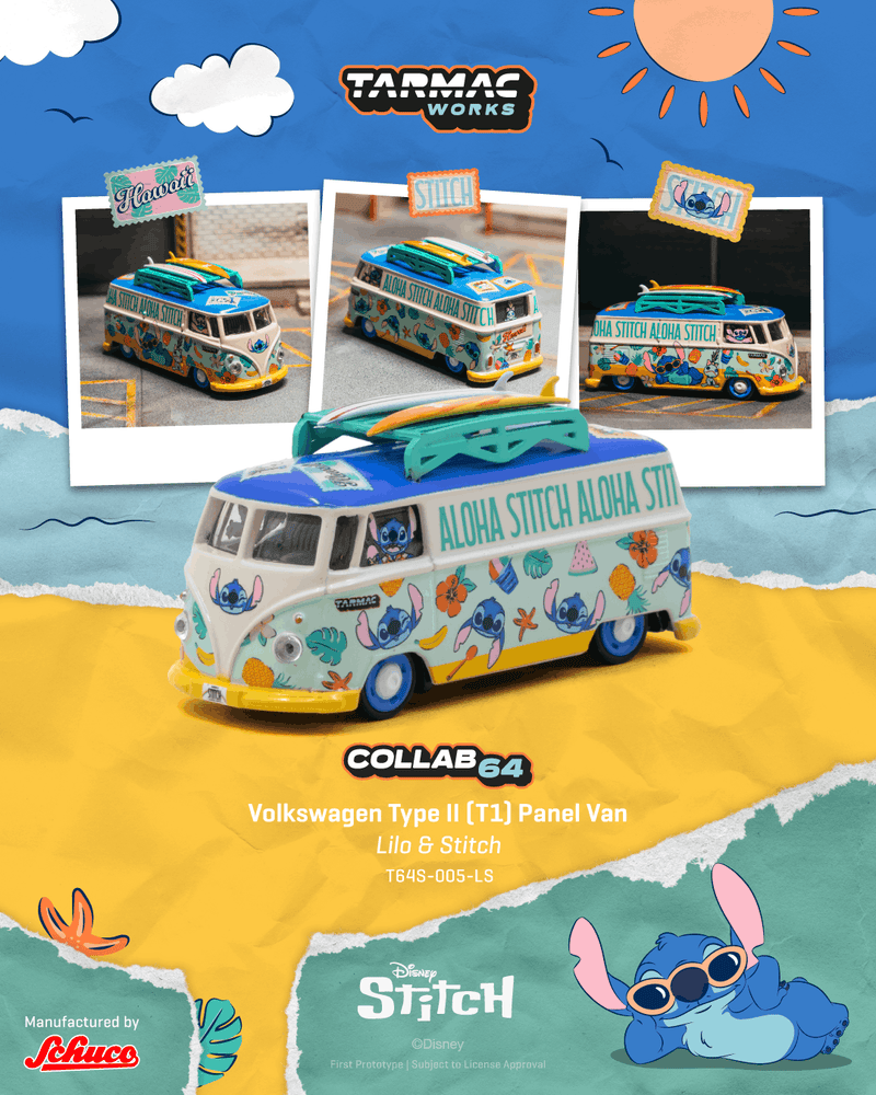 Chargez l'image dans la visionneuse de la galerie, VOLKSWAGEN TRANSPORTER T1 PANEL VAN LILO &amp; STITCH 2025 TARMAC WORKS 1:64
