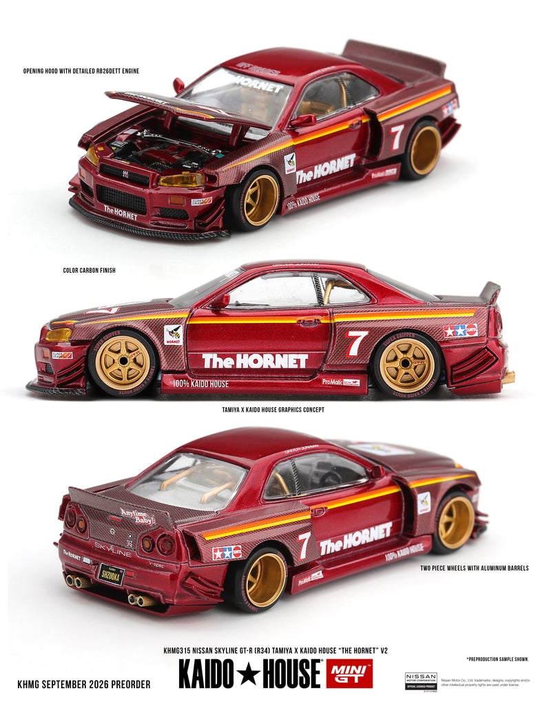 Laad de afbeelding in de Gallery-viewer, NISSAN SKYLINE GT-R (R34) TAMIYA X KAIDO HOUSE "THE HORNET" V2 1999 MINI GT 1:64
