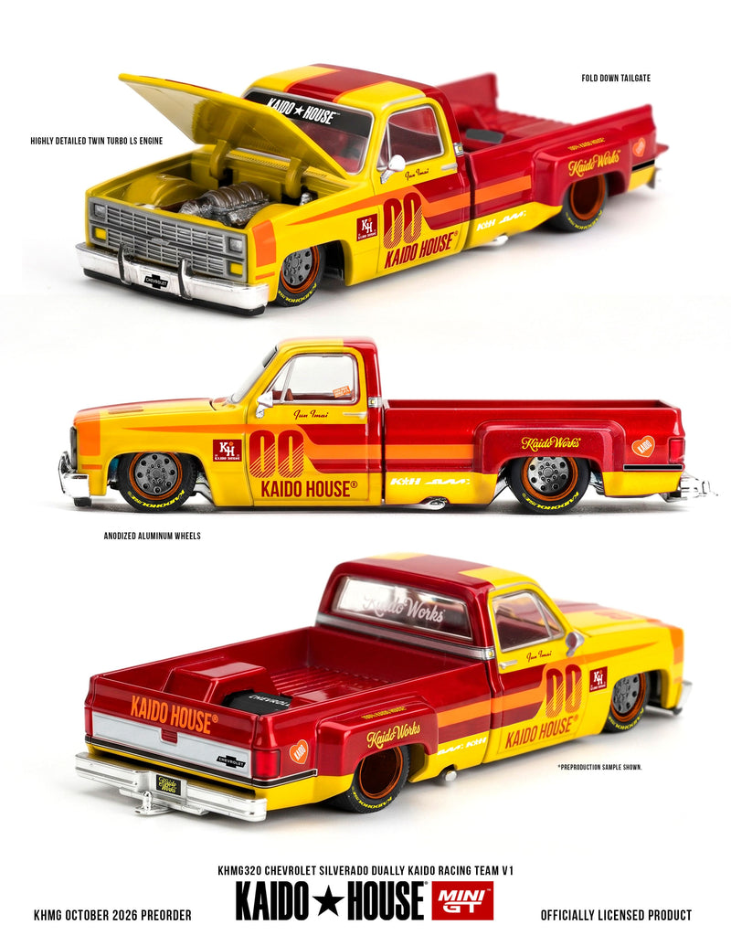 Laad de afbeelding in de Gallery-viewer, CHEVROLET SILVERADO DUALLY KAIDO RACING TEAM V1 1980 MINI GT 1:64
