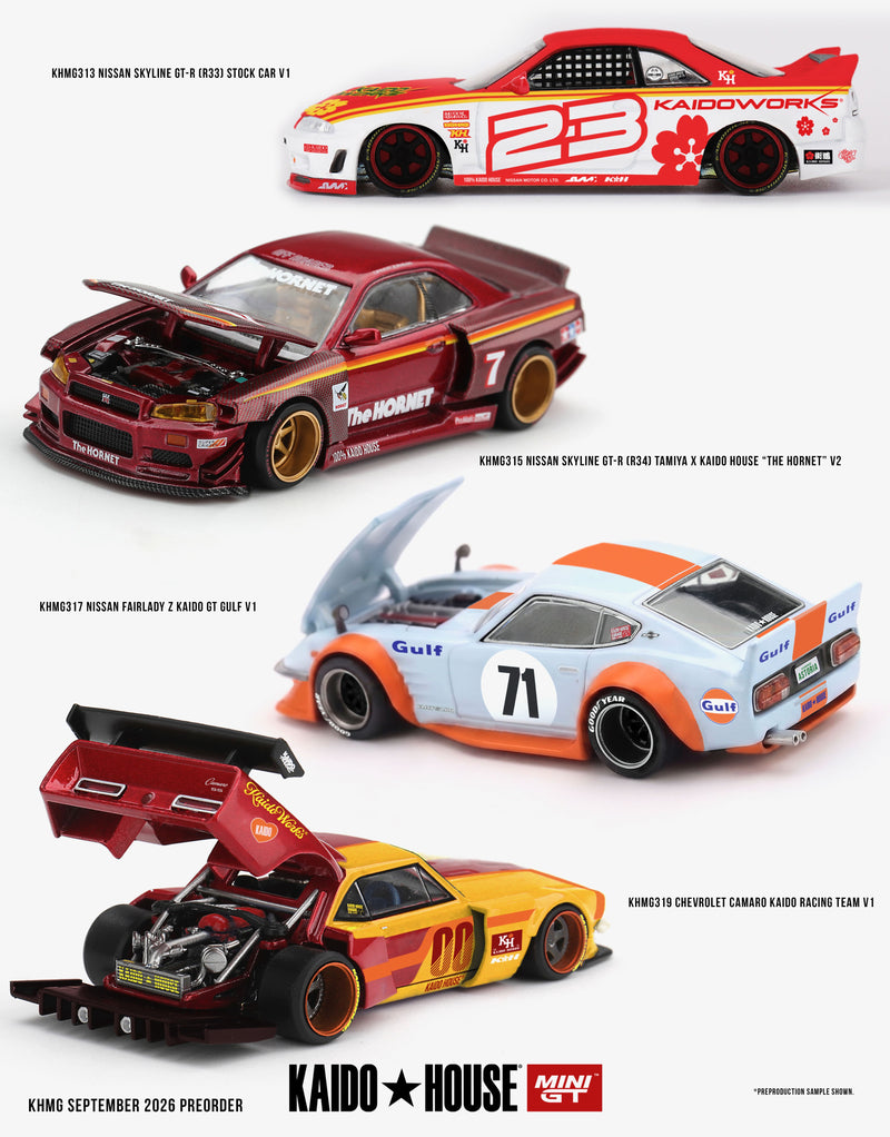 Laad de afbeelding in de Gallery-viewer, NISSAN SKYLINE GT-R (R34) TAMIYA X KAIDO HOUSE "THE HORNET" V2 1999 MINI GT 1:64
